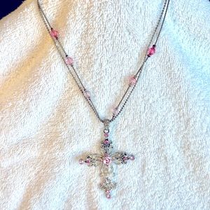 Silver and pink cross necklace